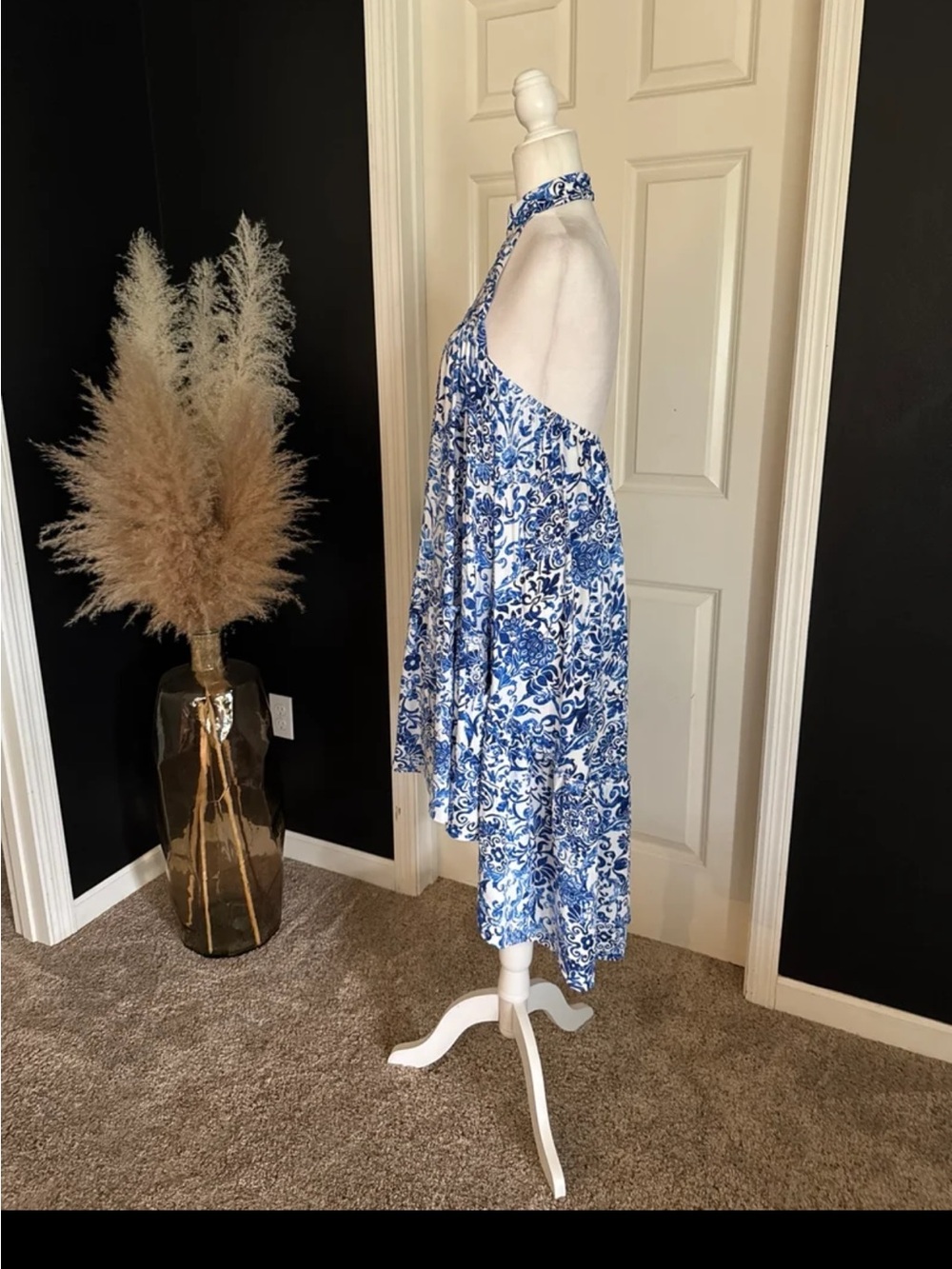 Olivaceous Blue White Toile High Neck High-Low Dress Size Small - Picture 6 of 12